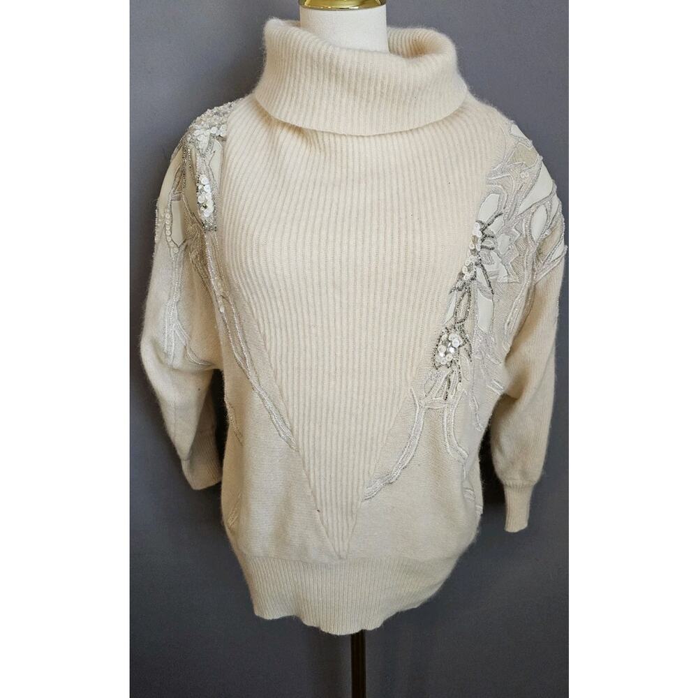 Vintage Anna Laurence Embellished Angora Sequin Sweater Cream Turtleneck Holida
